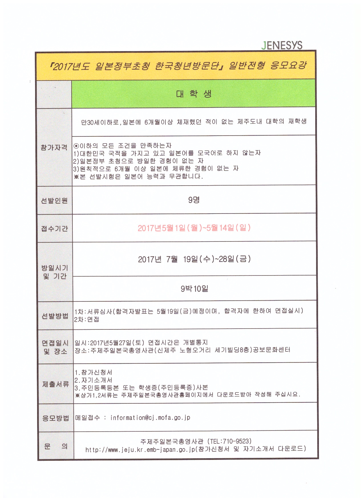 2017년도 일본정부초청 한국청년방문단 일반전형 응모요강